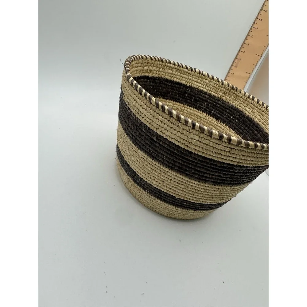Handwoven Coiled Striped Basket Natural Fiber Boho Tribal Decor Brown Beige 7.5